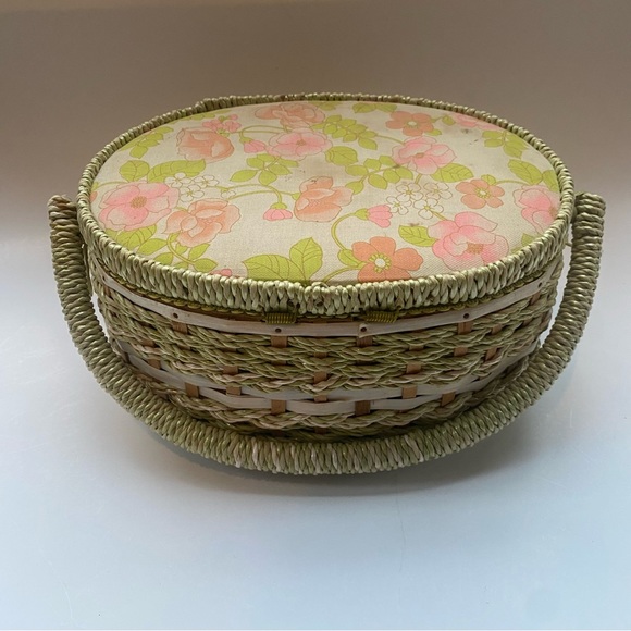 Vintage Dritz Scovill floral sewing oval basket container green pink tan - Picture 12 of 13